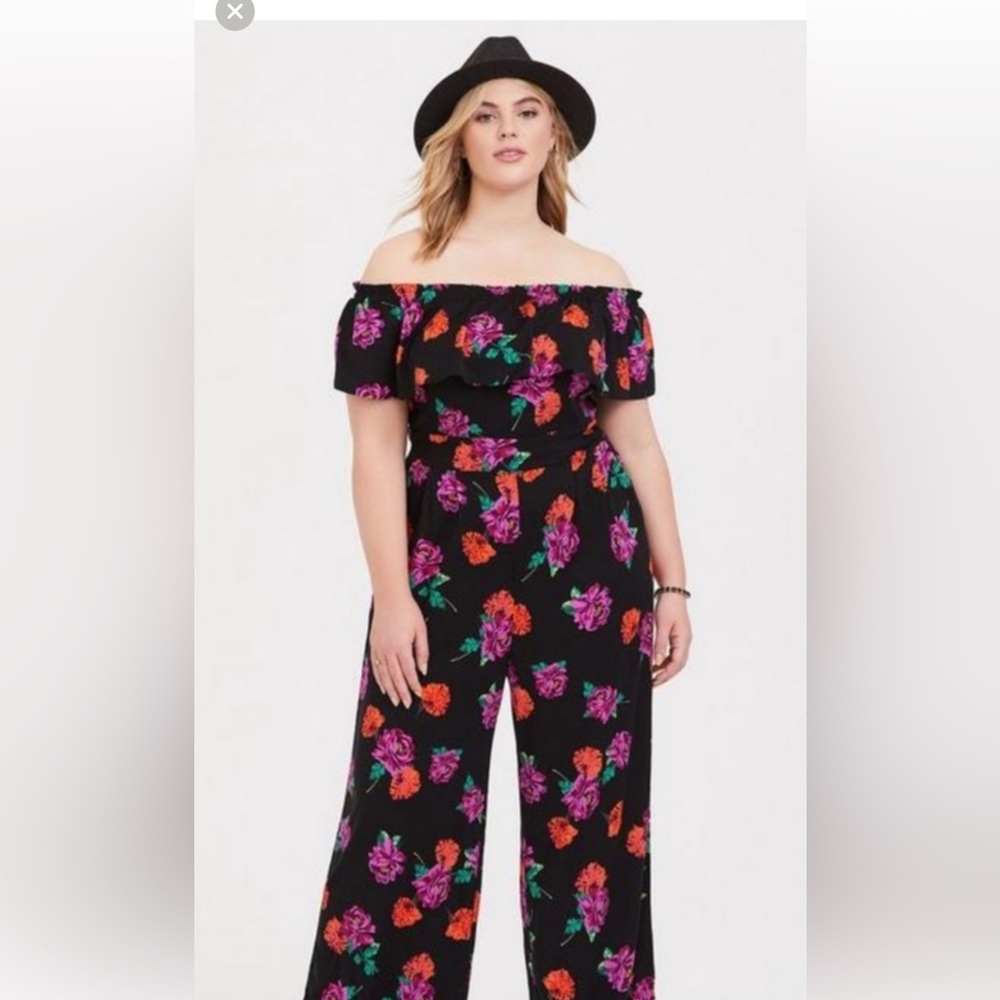 Torrid size 2 off the shoulder black and floral jumpsuit